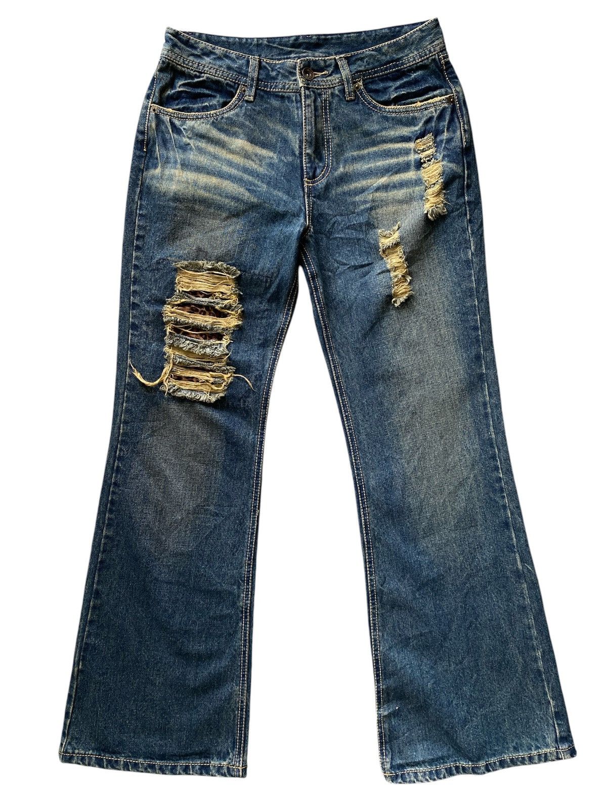 Japanese Brand × Vintage Vintage Japan Flared Distressed Leopard Denim Jeans 🍒 Size US 30 / EU 46 - 1 Thumbnail