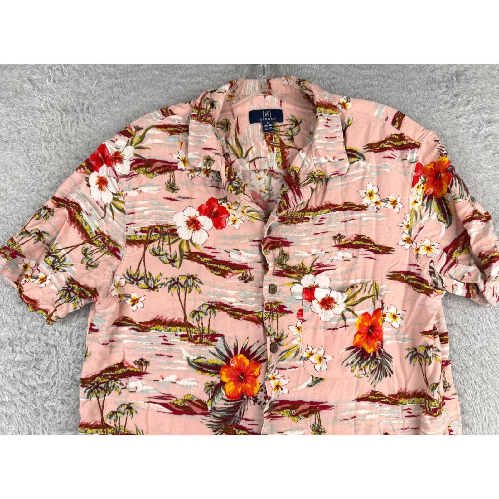 George VINTAGE George Shirt Men Small Pink Floral Palm Island Print Hawaiian 100% Rayon Pocket Mens Regular Short Sleeve 34in Chest Calm? Size US S / EU 44-46 / 1 - 4 Thumbnail