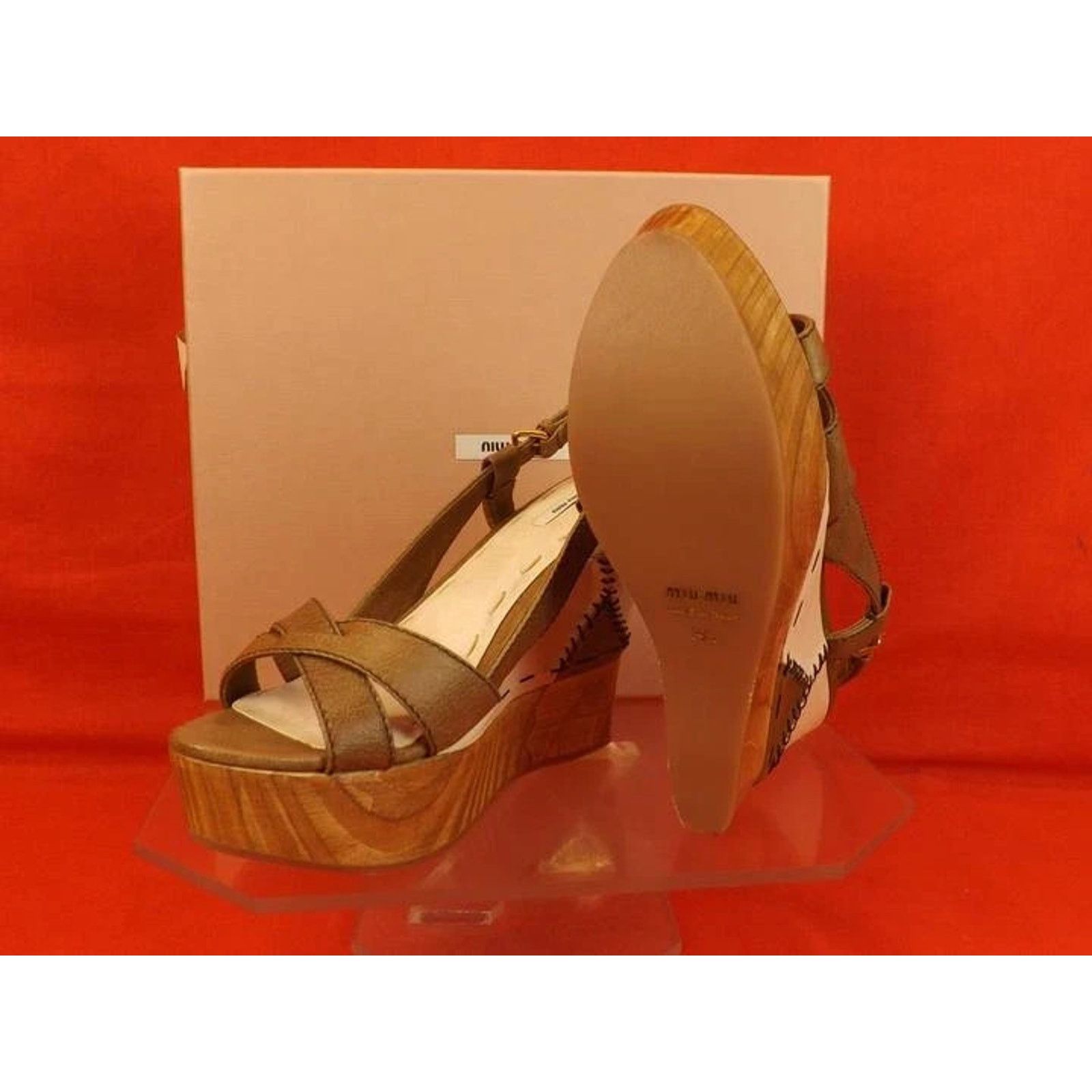 Miu Miu MIU MIU PRADA BROWN TEXTURE LEATHER WOODEN SANDALS PUMPS 40 Size US 10 / IT 40 - 8 Thumbnail