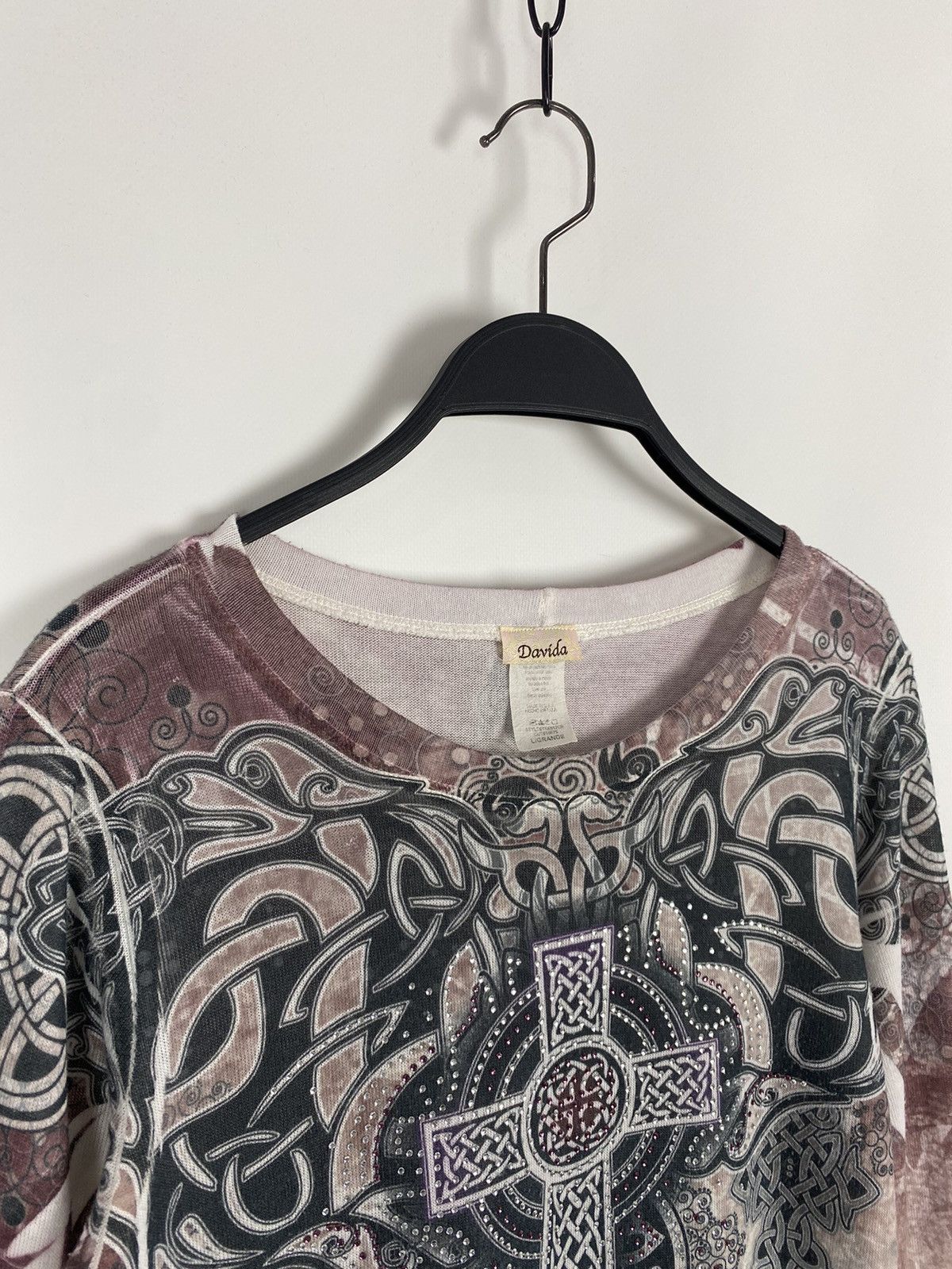 Vintage Y2K Davida Rhinstone Cross Tribal Graphic Mesh Long Sleeve Size L / US 10 / IT 46 - 2 Thumbnail