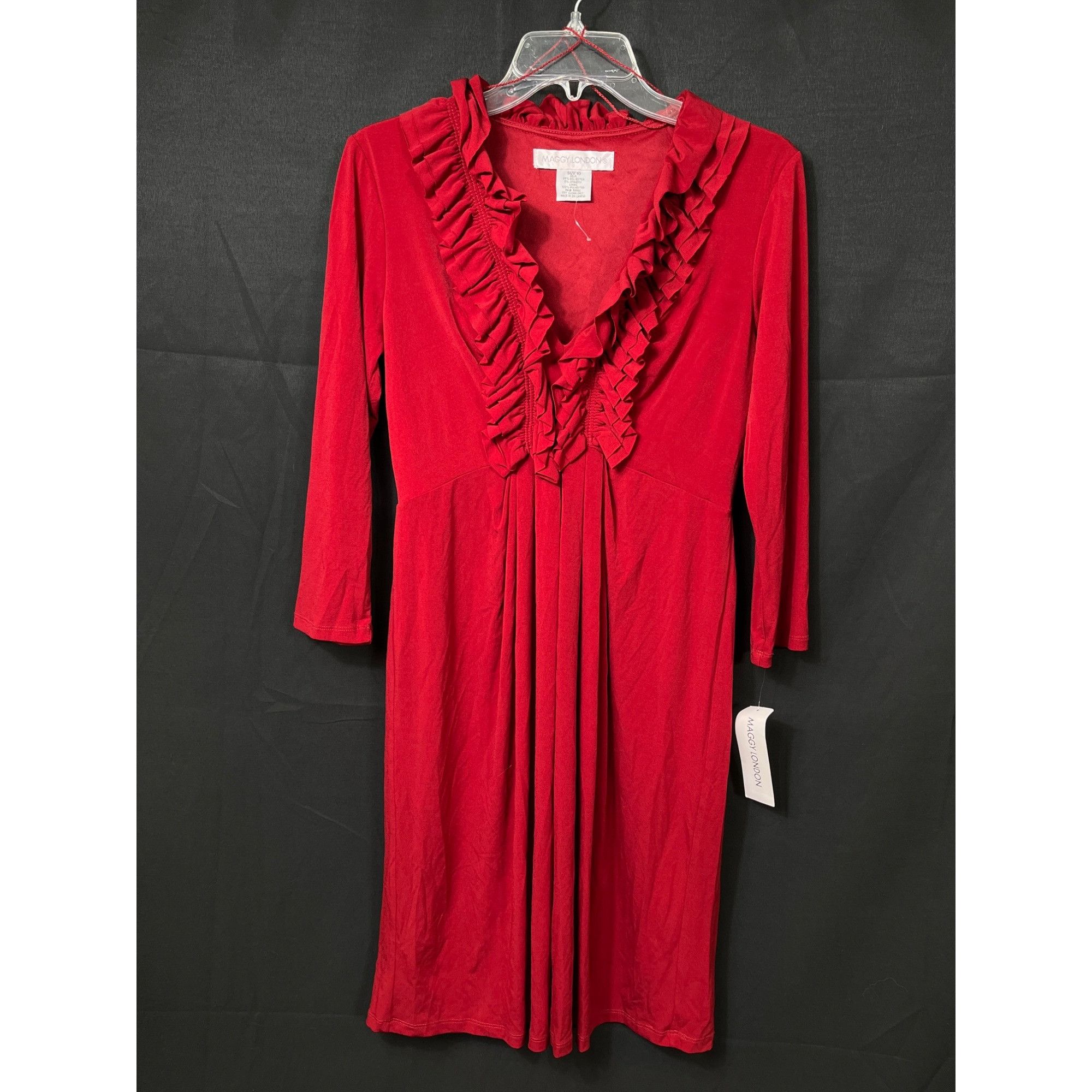 MAGGY LONDON Maggy London SKU 7612 Red Ruffle V-Neck Dress Size 10 Size L / US 10 / IT 46 - 1 Thumbnail