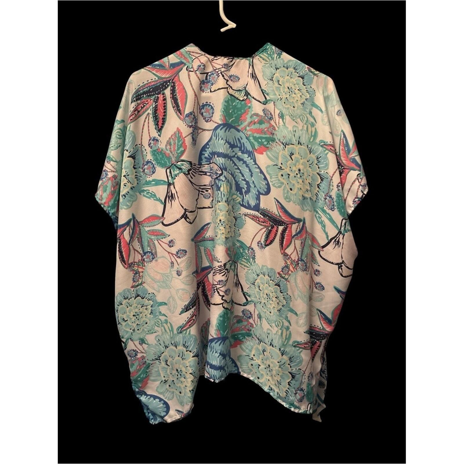 Chicos Chico's Aqua Blue Teal Pink Floral Kimono Top Size M / US 6-8 / IT 42-44 - 2 Thumbnail