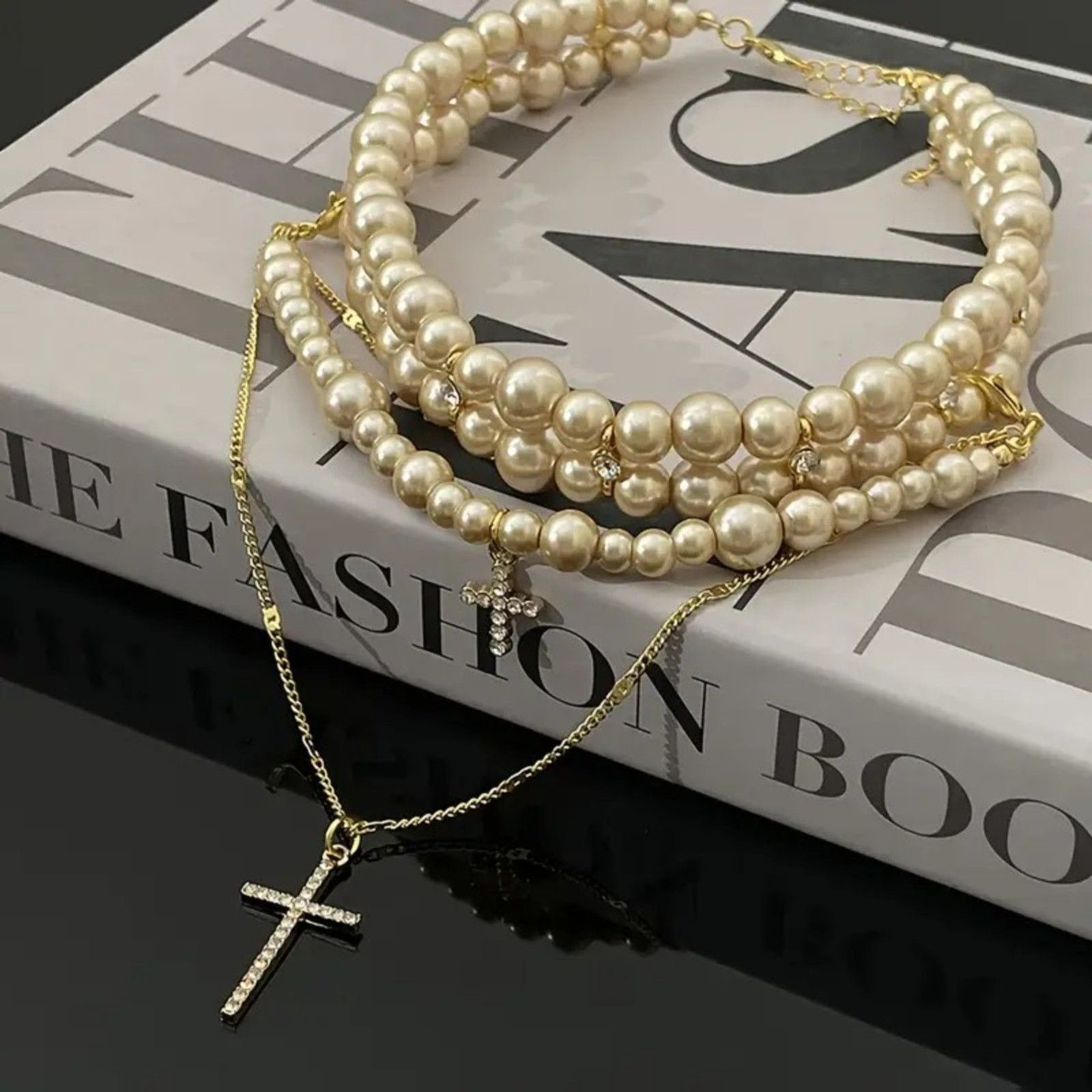 Other Vintage Pearl Layered Choker & Gold Cross Pendant Necklace Size ONE SIZE - 3 Thumbnail