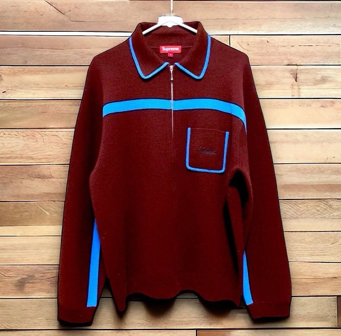 Supreme Supreme Chest Stripe Zip Up Cardigan Burgundy FW21 | Grailed