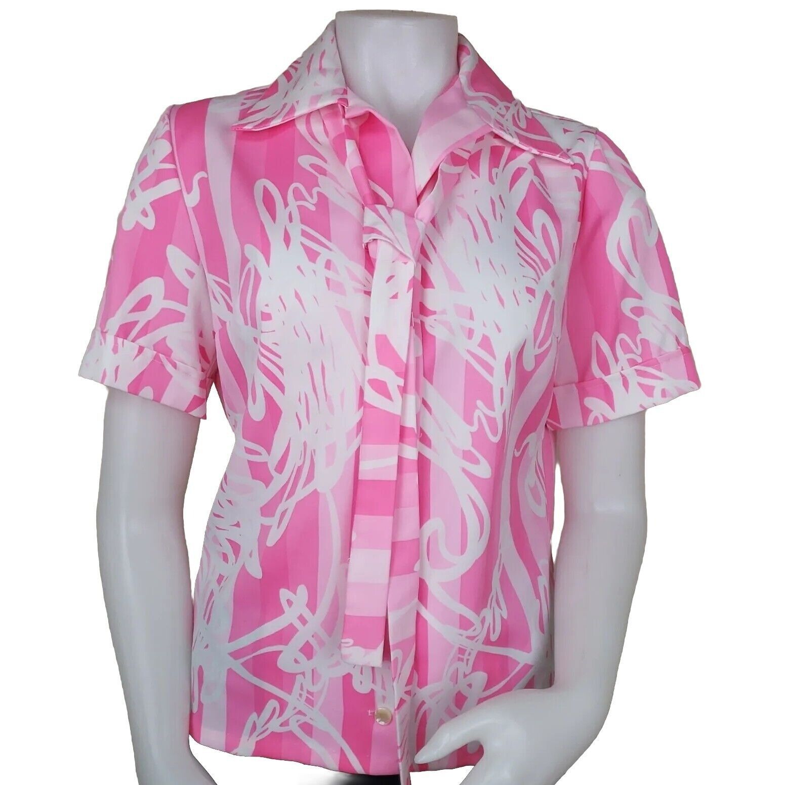 Vintage 70s Pussy Bow Top Womens M Pink Floral Polyester Short Sleev Size M / US 6-8 / IT 42-44 - 1 Thumbnail