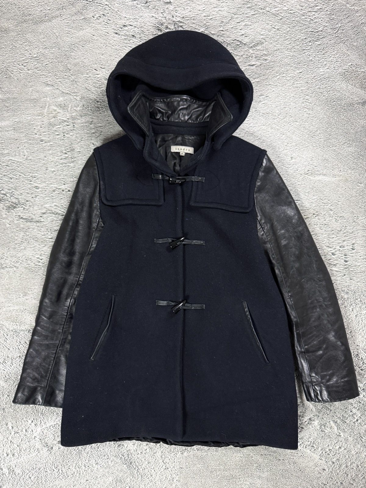 Sandro Sandro coat heavy wool black leather sleeves detachable hood Size US M / EU 48-50 / 2 - 1 Thumbnail