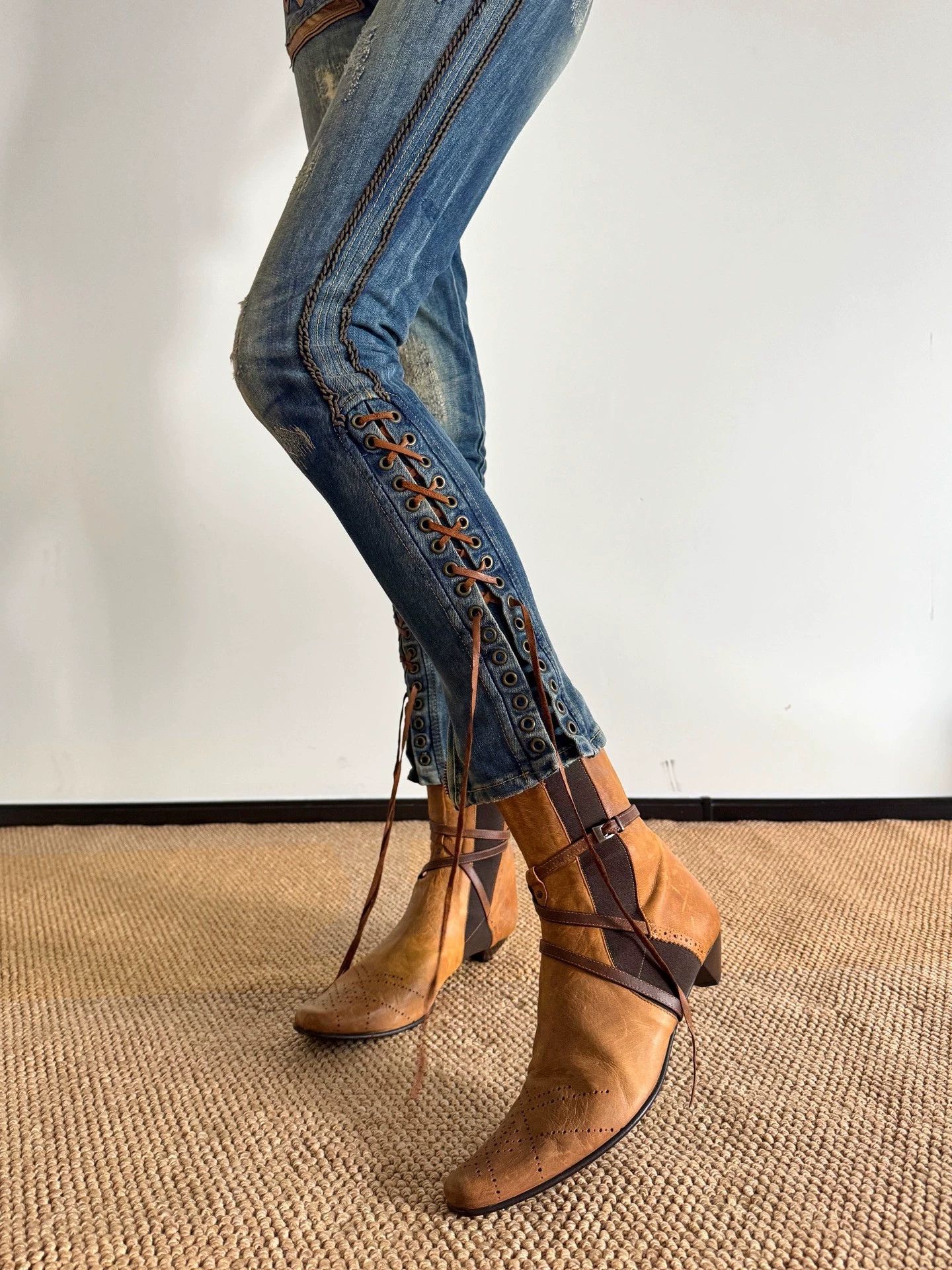 Just Cavalli Just Cavalli Panelled Leather Strap Jeans Size 25 Size 25" / US 0 / IT 36 - 2 Thumbnail