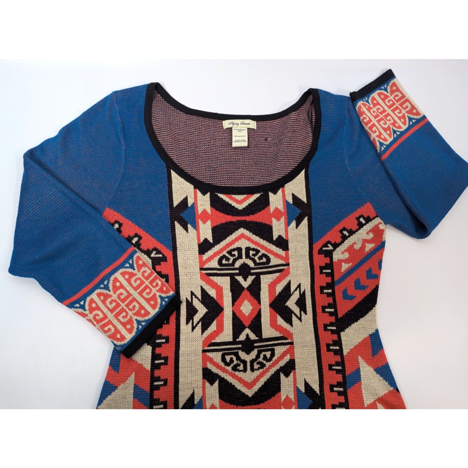 Vintage Flying Tomato Womens Aztec 3/4 Sleeve Scoop Neck Boho Sheath Sweater Dress Large Size L / US 10 / IT 46 - 2 Thumbnail