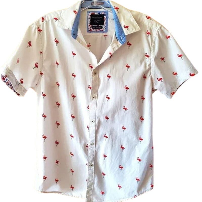 Other Denim & Flower White Flamingo Print Short Sleeve Button Up Size US M / EU 48-50 / 2 - 2 Thumbnail