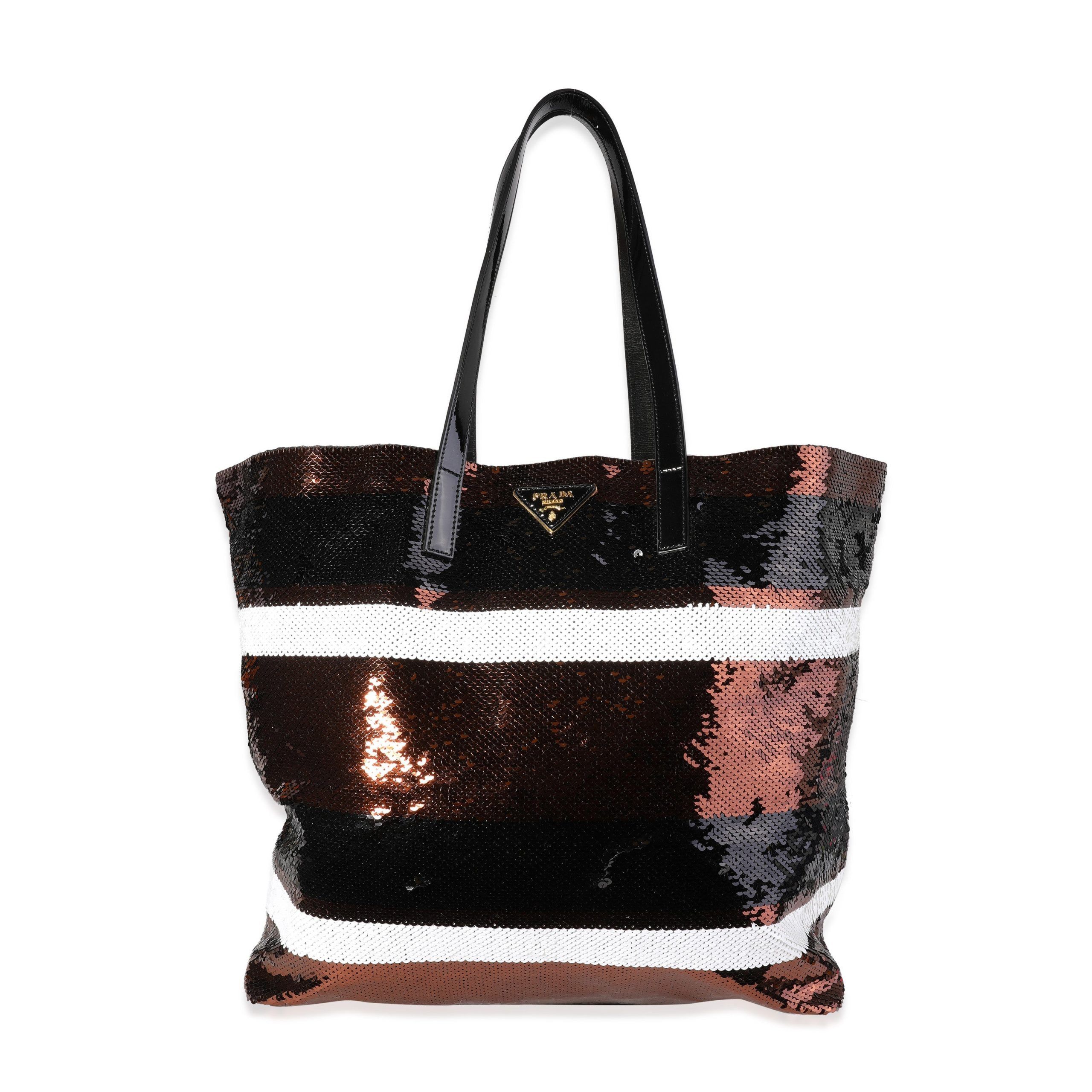 image of Prada Black, White, & Brown Striped Sequin Tote in Red, Women's