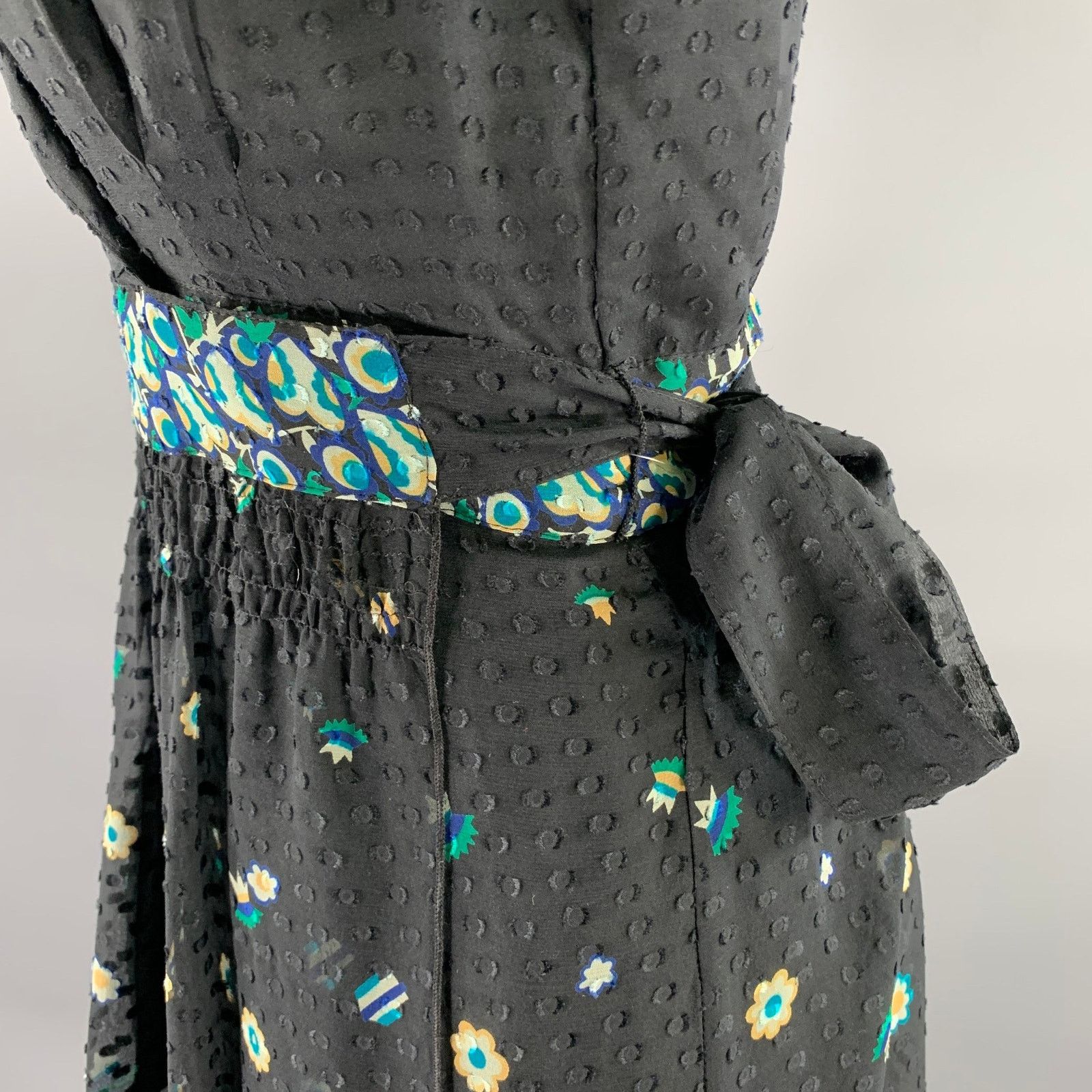 Anna Sui ANNA SUI Black Blue Silk Floral Midi Knee-Length Dress Size S / US 4 / IT 40 - 5 Thumbnail