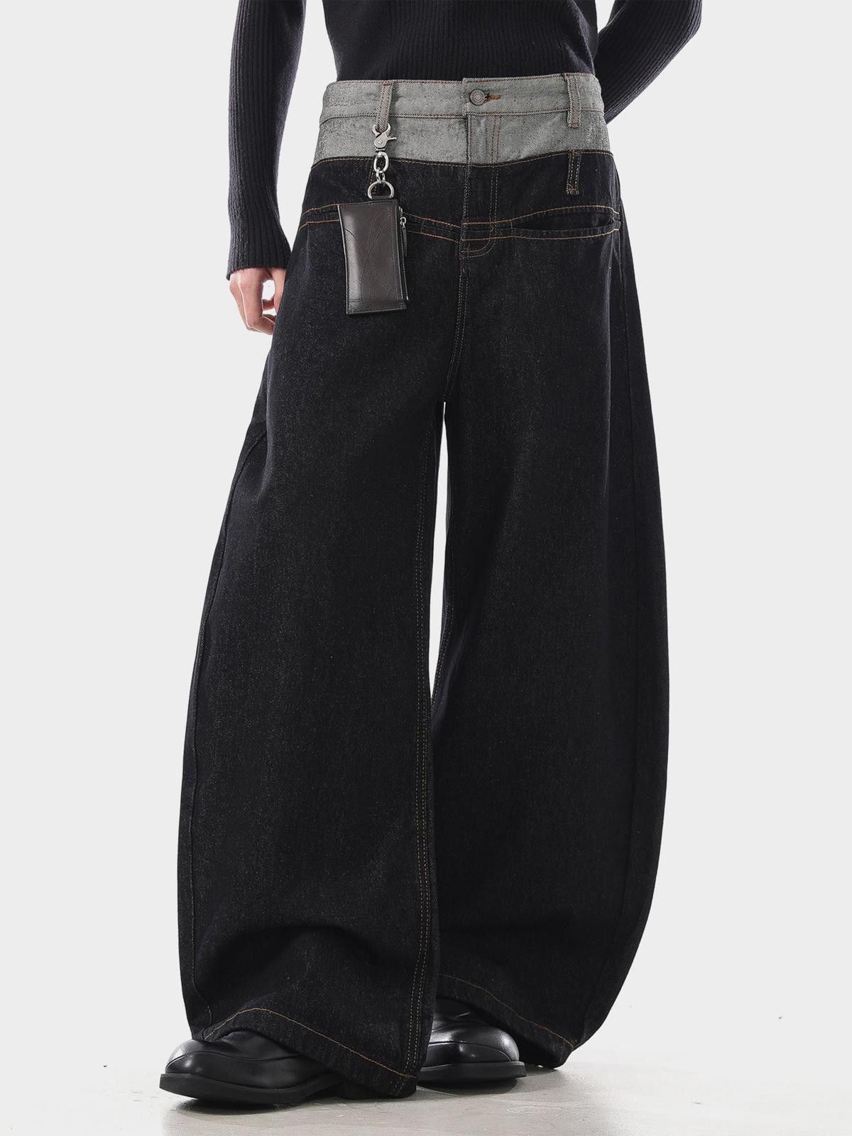 Japanese Brand Black Wide Leg Denim Jeans, Baggy Barrel Leg Jeans Size US 32 / EU 48 - 4 Thumbnail
