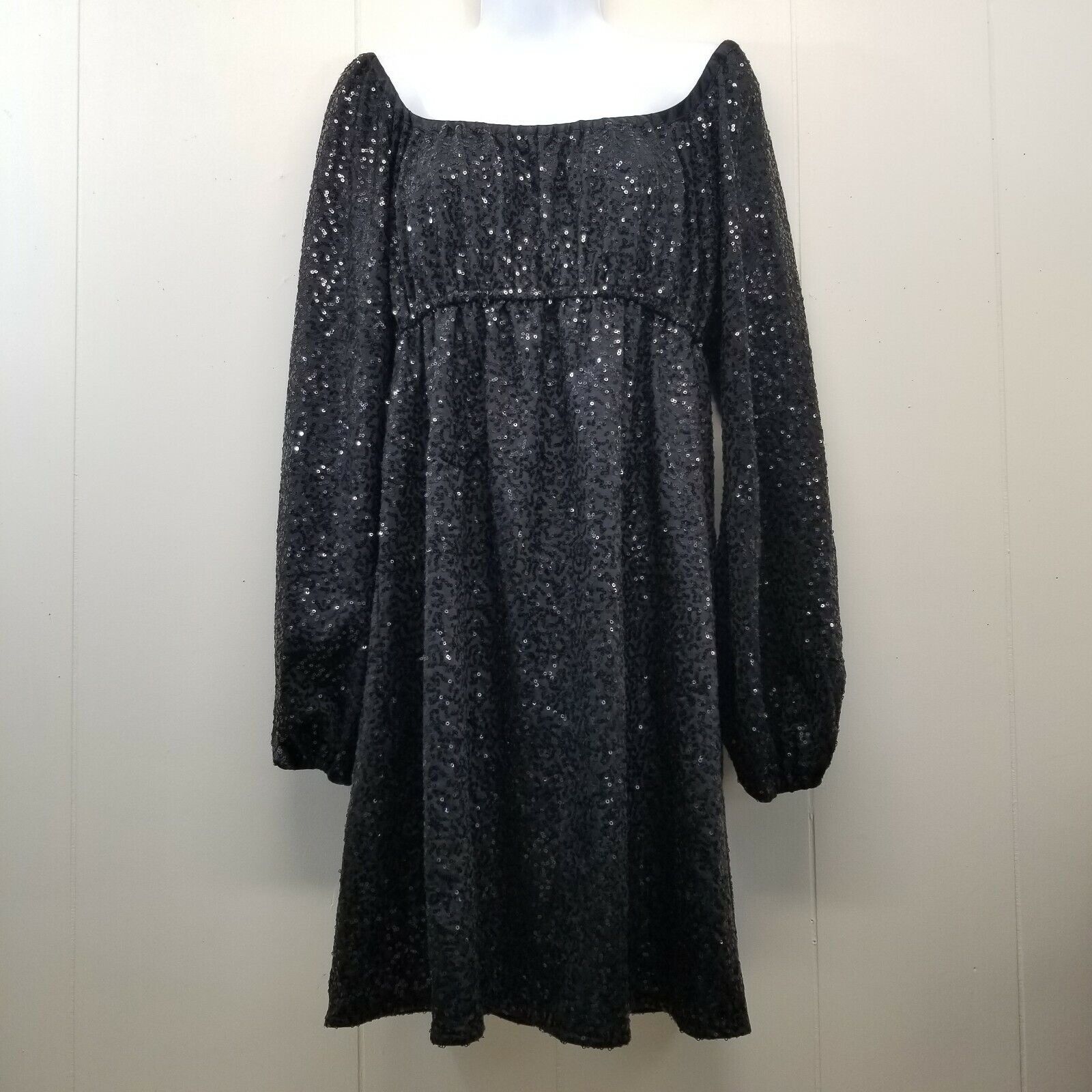 Betsey Johnson M Dress Black Silk Sequin Off Shoulders LBD H