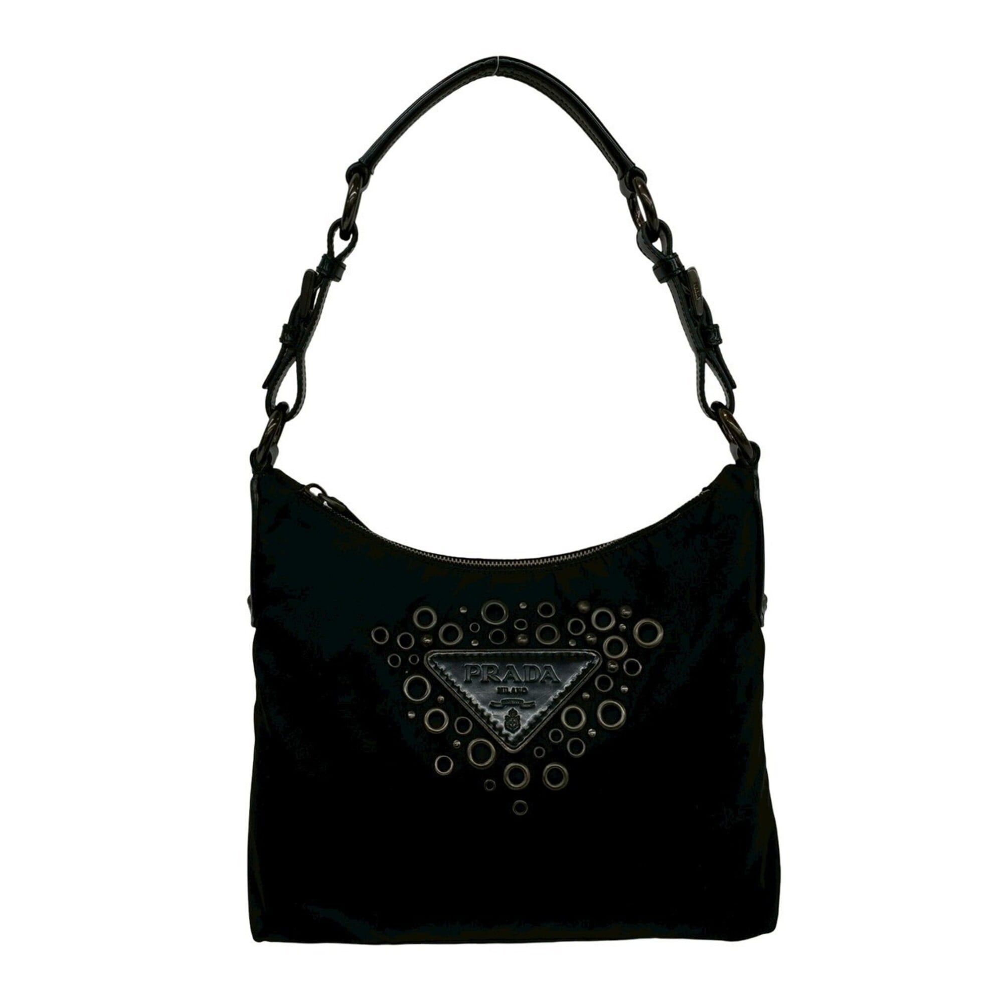 Prada PRADA Triangle Logo Perforated Stud Hardware Nylon Leather Genuine Semi Shoulder Bag Black 63472 Size ONE SIZE - 1 Thumbnail