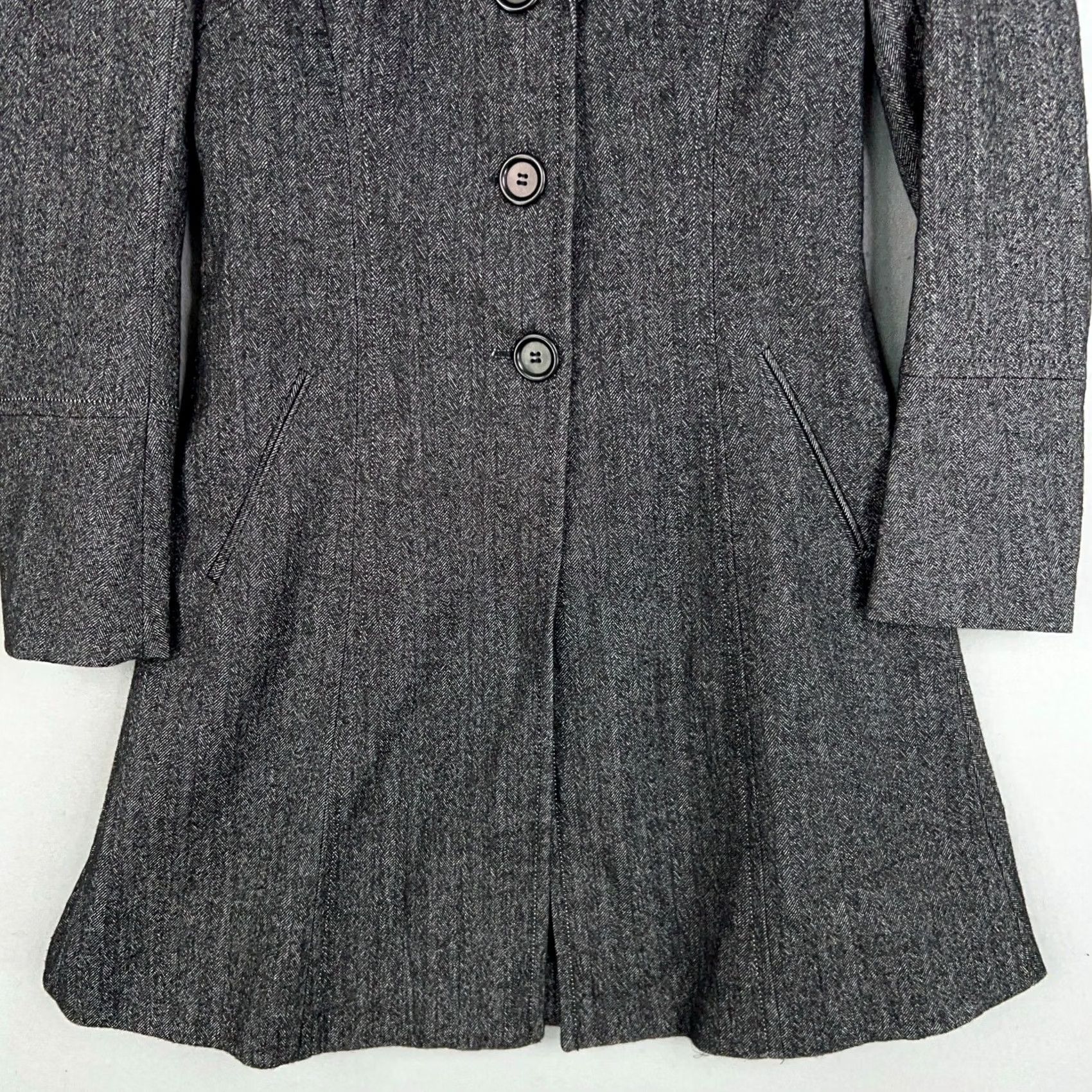 Vintage LEON MAX Coat Womens 6 Gray Herringbone Wool Blend Limited Edition Trench Pea Jacket Overcoat Size M / US 6-8 / IT 42-44 - 3 Thumbnail