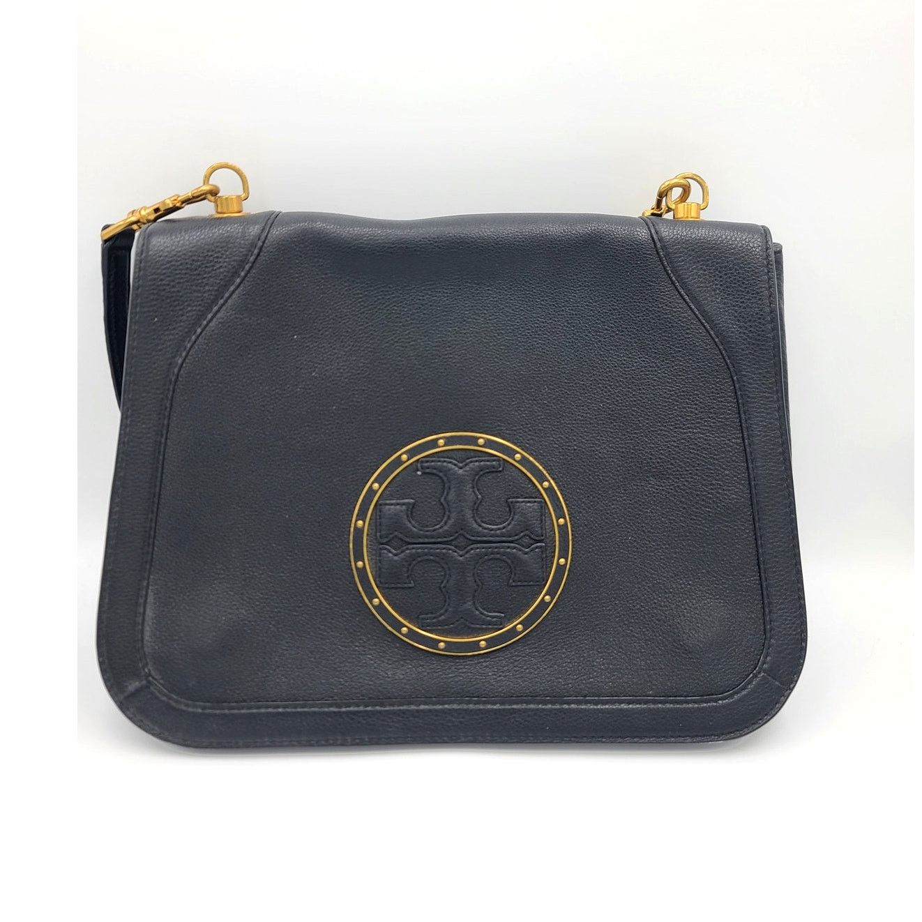 Tory Burch Stud Black Leather Full Flap Shoulder Bag