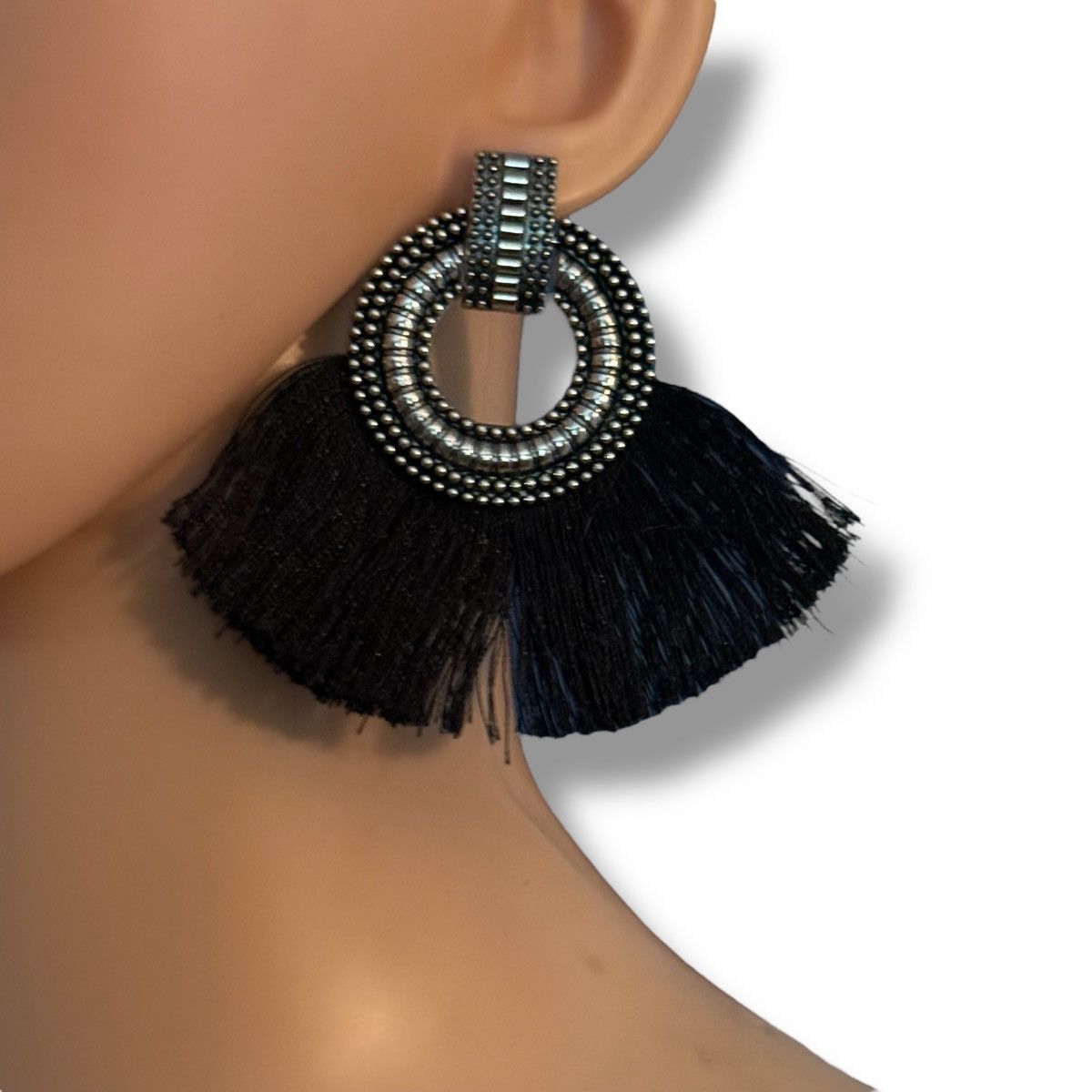 Other Silver tone black tassel fan earrings Size ONE SIZE - 2 Thumbnail