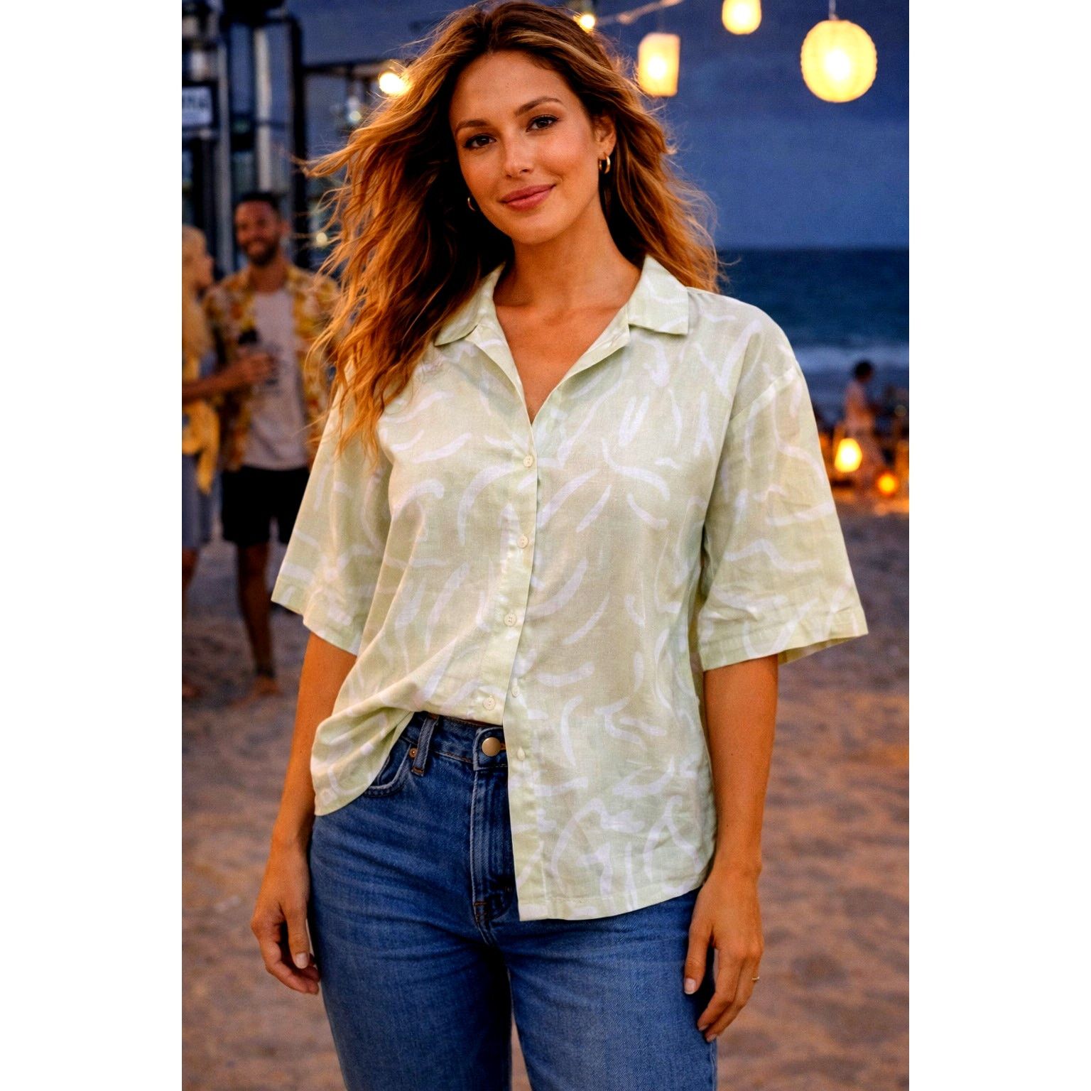 Other Stone Fox Swim Zenni 100% Linen Shirt Aloe Lines XS/S Size S / US 4 / IT 40 - 1 Thumbnail