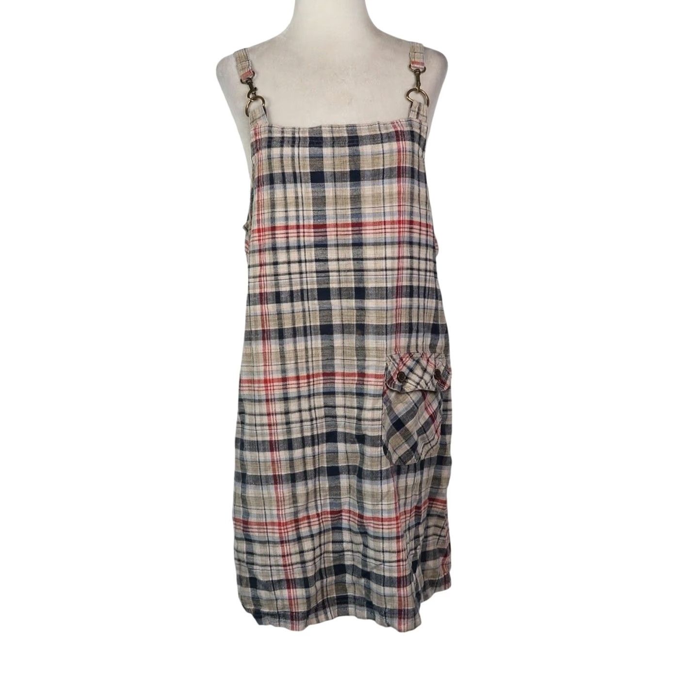 Vintage VINTAGE 90s St. John's Bay Overall Dress Mini Plaid Sleeveless Tan Black L Women Size 36" / US 14 / IT 50 - 2 Thumbnail