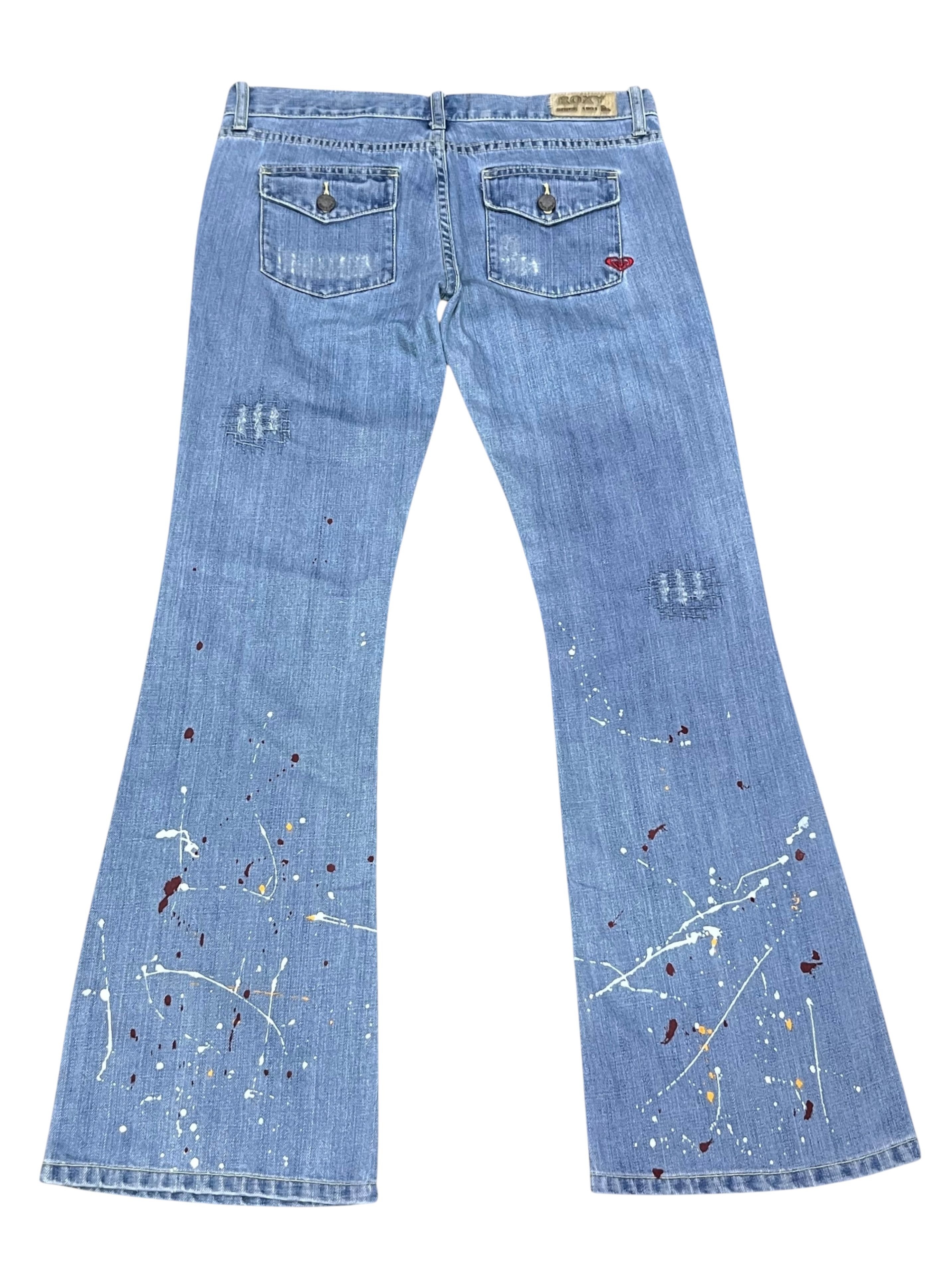 Quiksilver DOPE🔥ROXY Paint Splatter Ripped Vintage Flare Denim Size 31" - 2 Thumbnail