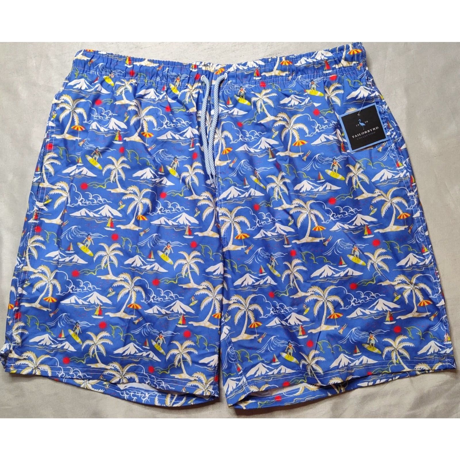Tailorbyrd TAILORBYRD Men Large Blue Hawaiian Surfer Print 7" Swim Shorts Lined NEW Size US 33 - 3 Thumbnail