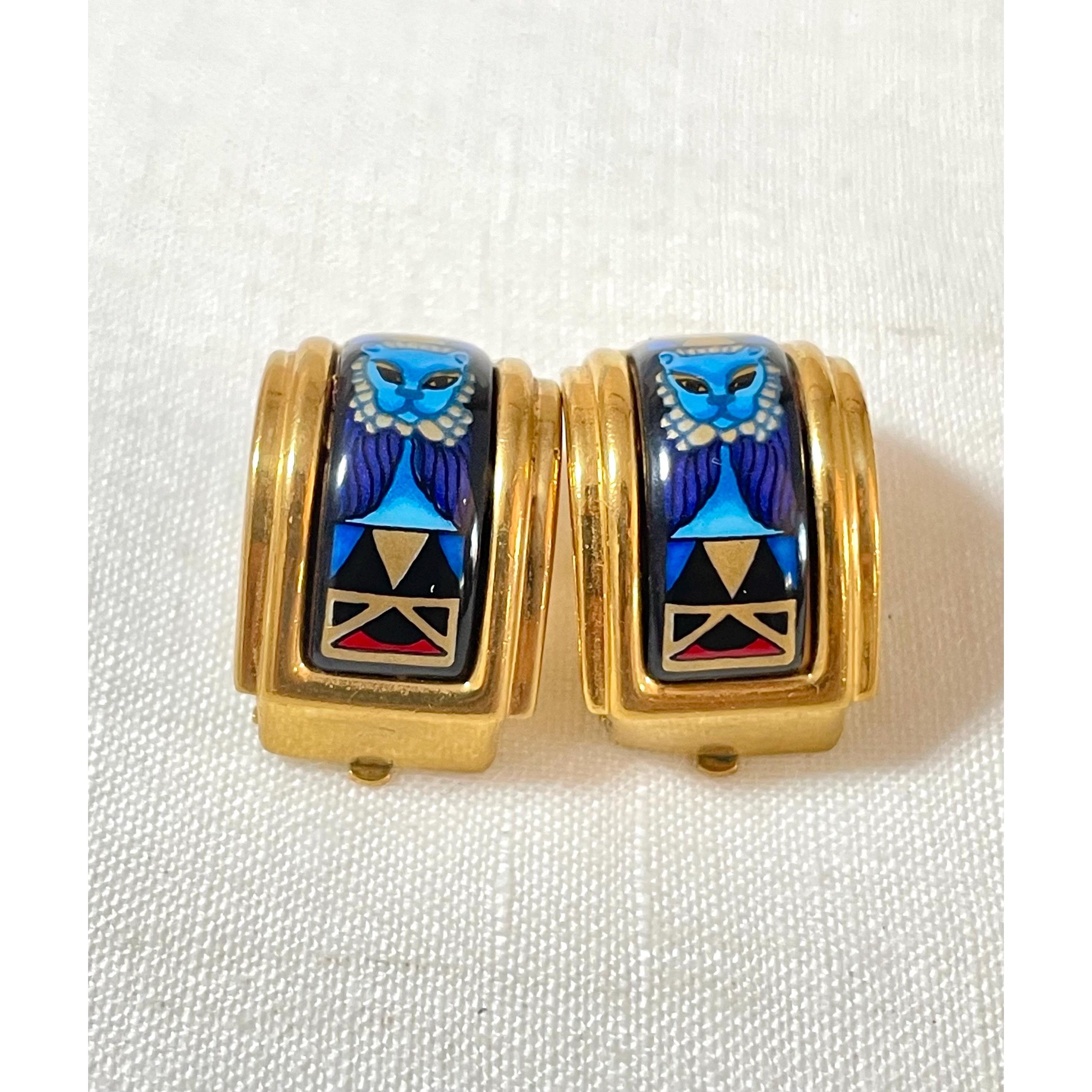 Hermes Vintage Hermes cloisonne enamel earrings with blue lion Size ONE SIZE - 6 Thumbnail