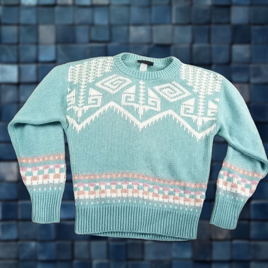 Vintage VINTAGE Mademoiselle Knitwear Sweater Womens Small Blue Aztec Geometric 80s 90s Size S / US 4 / IT 40 - 1 Thumbnail