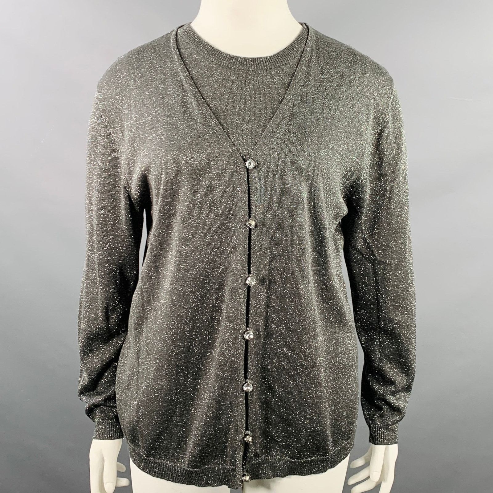 Adrianna Papell ADRIANNA PAPELL L Silver Grey Silk Blend 2 PC Cardigan Set Size L / US 10 / IT 46 - 1 Thumbnail
