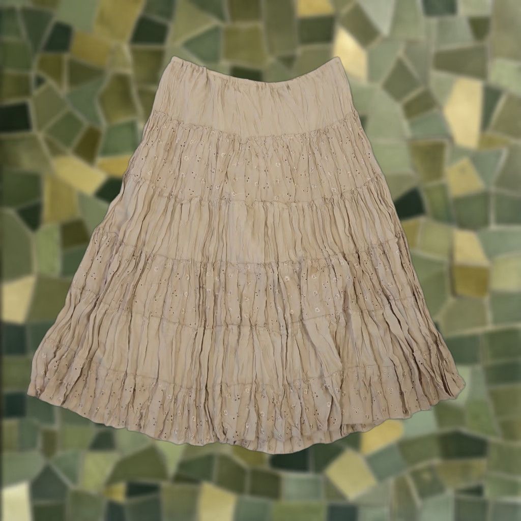 Vintage VINTAGE Allison Taylor Tan Eyelet Tiered Midi Peasant Skirt L Women Midi Bohemian 90s P e a s a n t Size 36" / US 14 / IT 50 - 1 Thumbnail