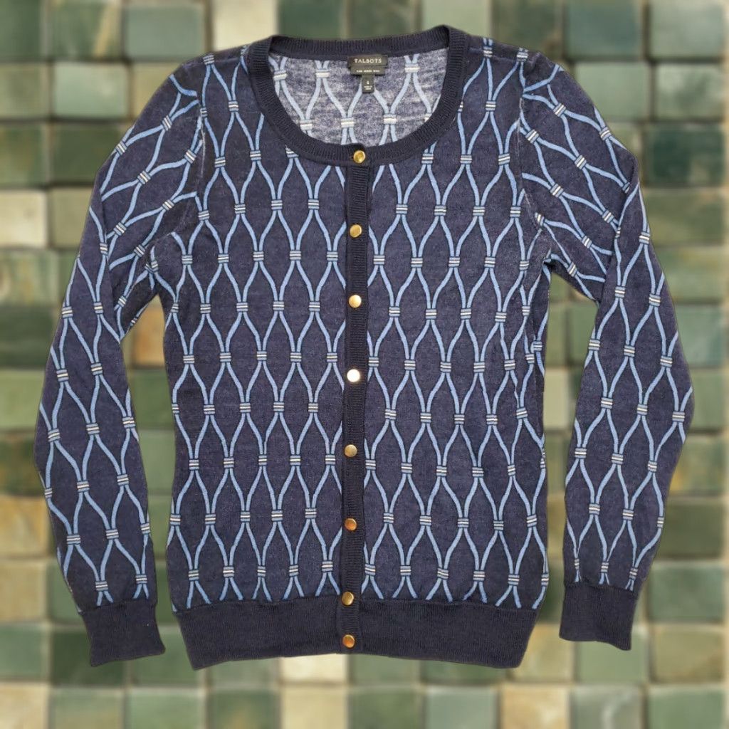 Talbots VINTAGE Talbots Sweater Cardigan Womens Small Blue 100% Merino Wool Button Geometric Knit Casual Womens Size S / US 4 / IT 40 - 1 Thumbnail