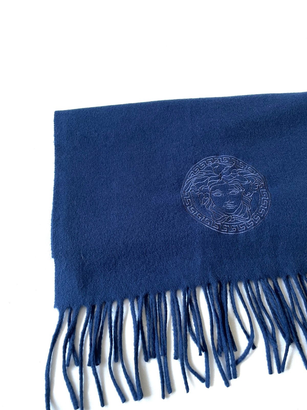 Versace Versace Blue Wool Scarf Embroidered Medusa Logo Italy 155cm Size ONE SIZE - 4 Thumbnail