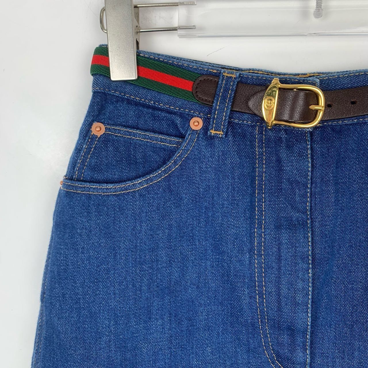 Gucci Gucci Blue Cotton Denim Skirt With Leather Belt & Logo Accen Size 25" / US 0 / IT 36 - 6 Thumbnail