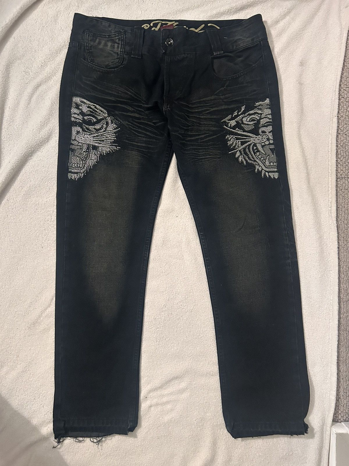 image of Christian Audigier x Ed Hardy Flared Tiger Rhinestone Denim Size 38 in Black, Men's