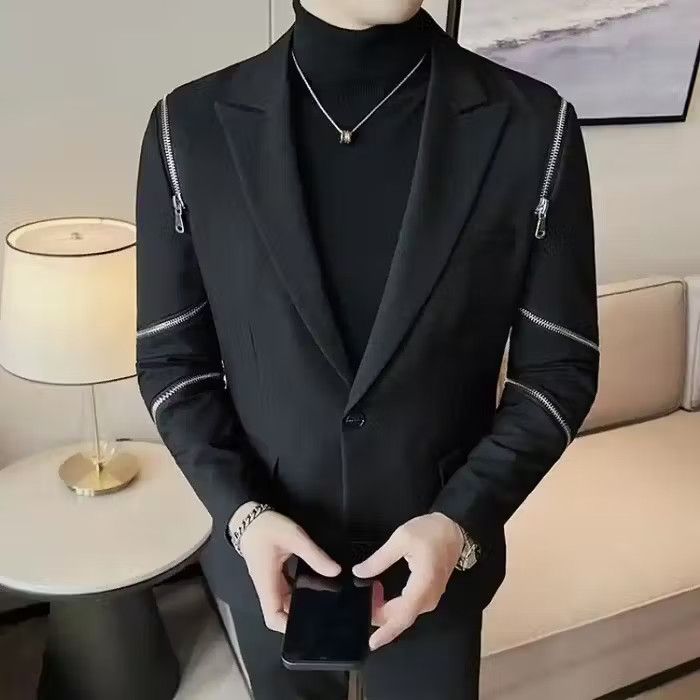 image of Vintage Zipper Decoration Blazer Men Slim in Black (Size Large)