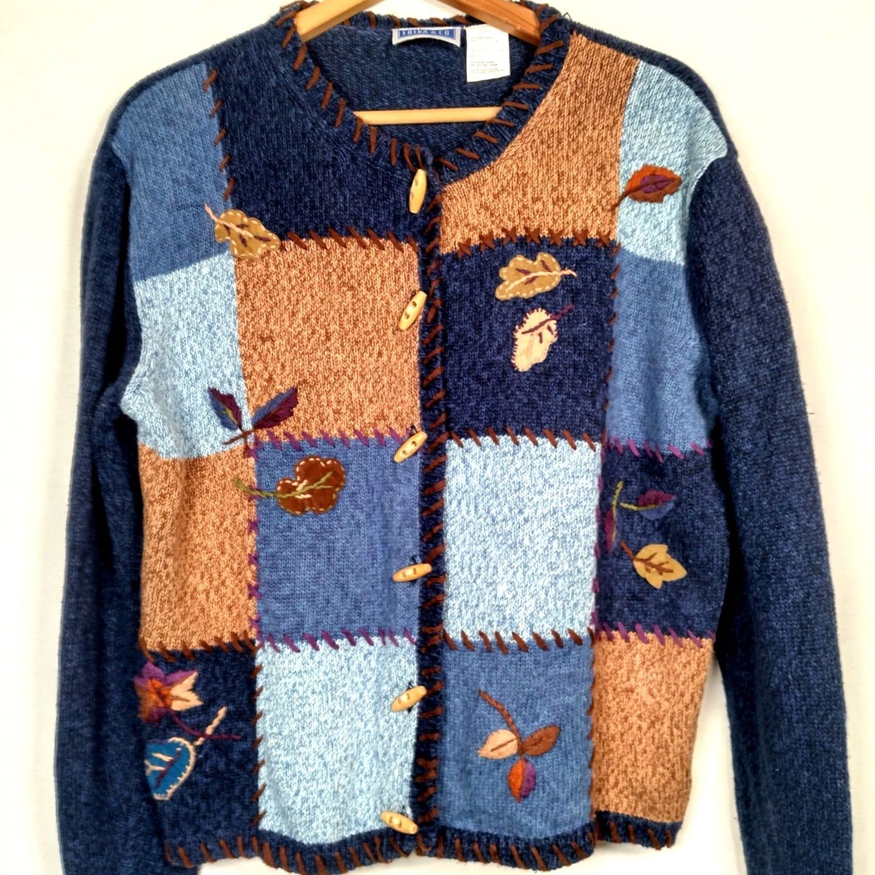 CO VINTAGE Erika And Co Cardigan Sweater Women L Patchwork Blue Brown Fall Leaves Leaf Size L / US 10 / IT 46 - 2 Thumbnail