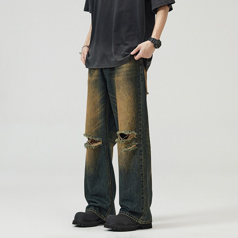 Japanese Brand × Vintage Retro broken hole jeans men straight loose pants Size US 32 / EU 48 - 1 Thumbnail