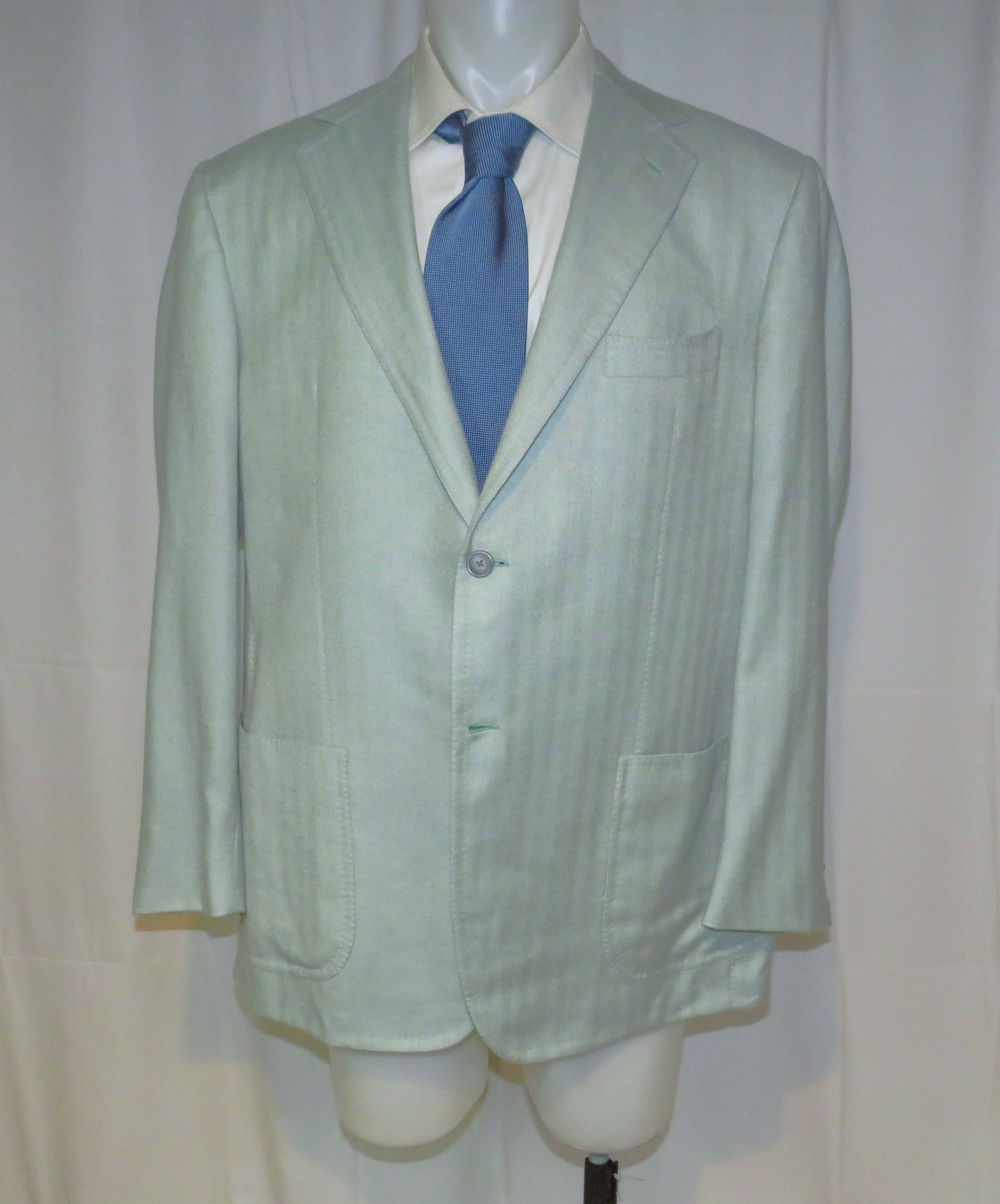 x Partenopea Custom Pale Green HBone Cashmere Sport Coat 44L