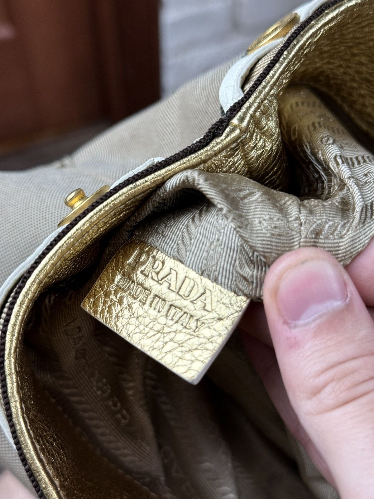 Prada Prada Brown Logo Jacquard Canvas Mettalic Gold Handle Bag Size ONE SIZE - 18 Thumbnail