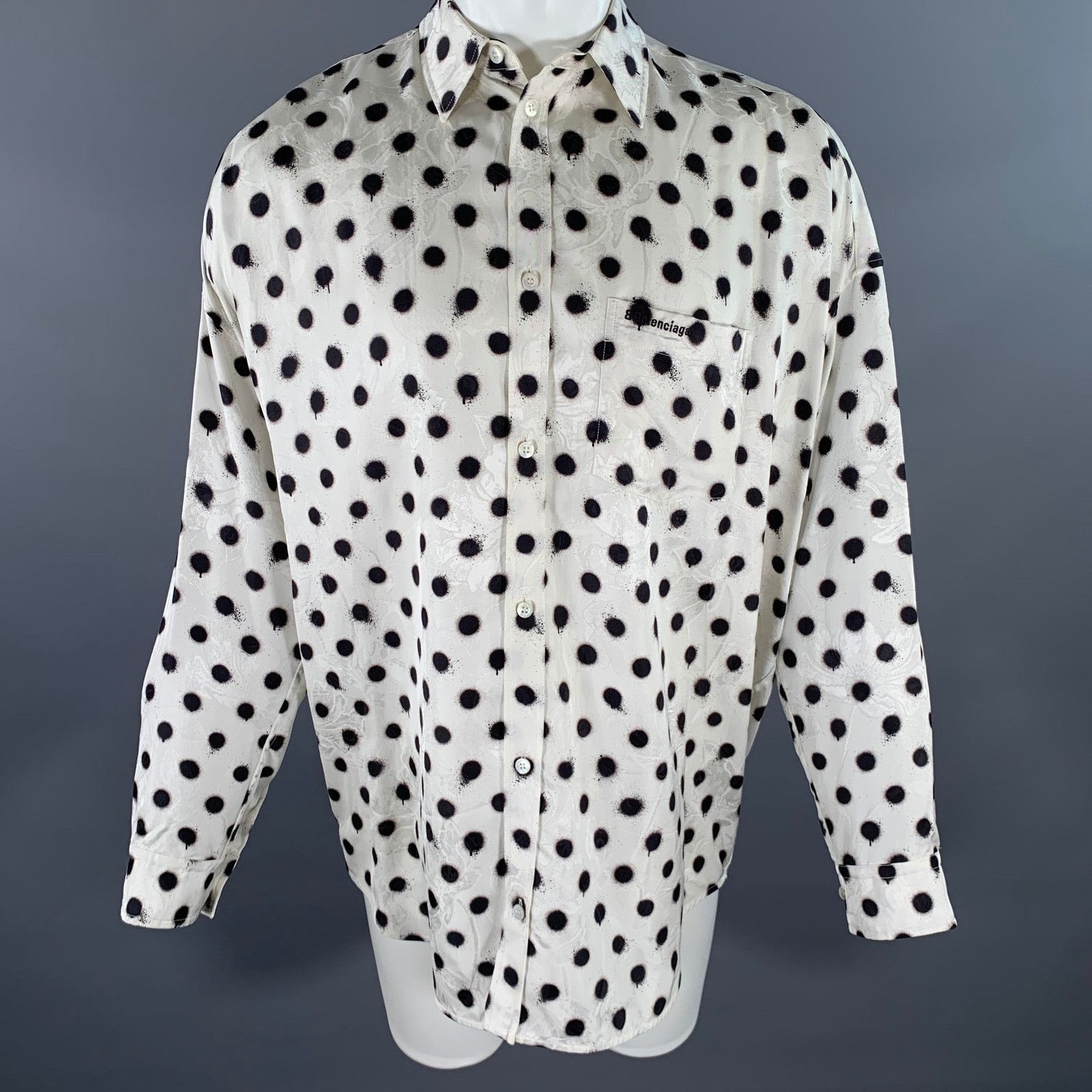 Balenciaga Size M White Black Polka Dot Viscose Silk L/S Shirt Size US M / EU 48-50 / 2 - 1 Thumbnail