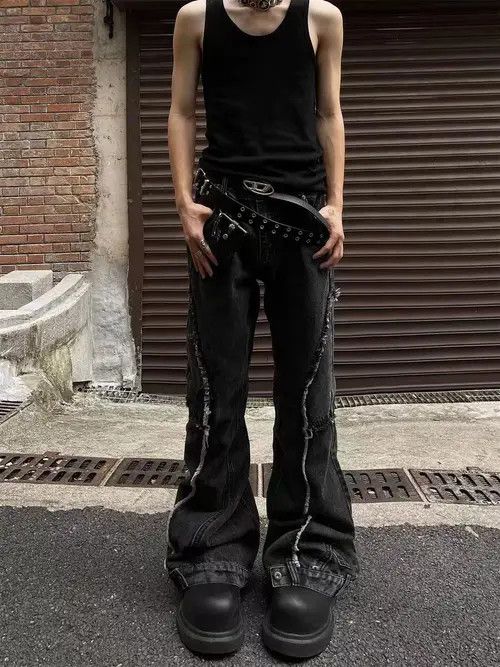 image of Vintage Raw Edge Patchwork Distressed Bootcut Jeans in Black, Men's (Size 32)