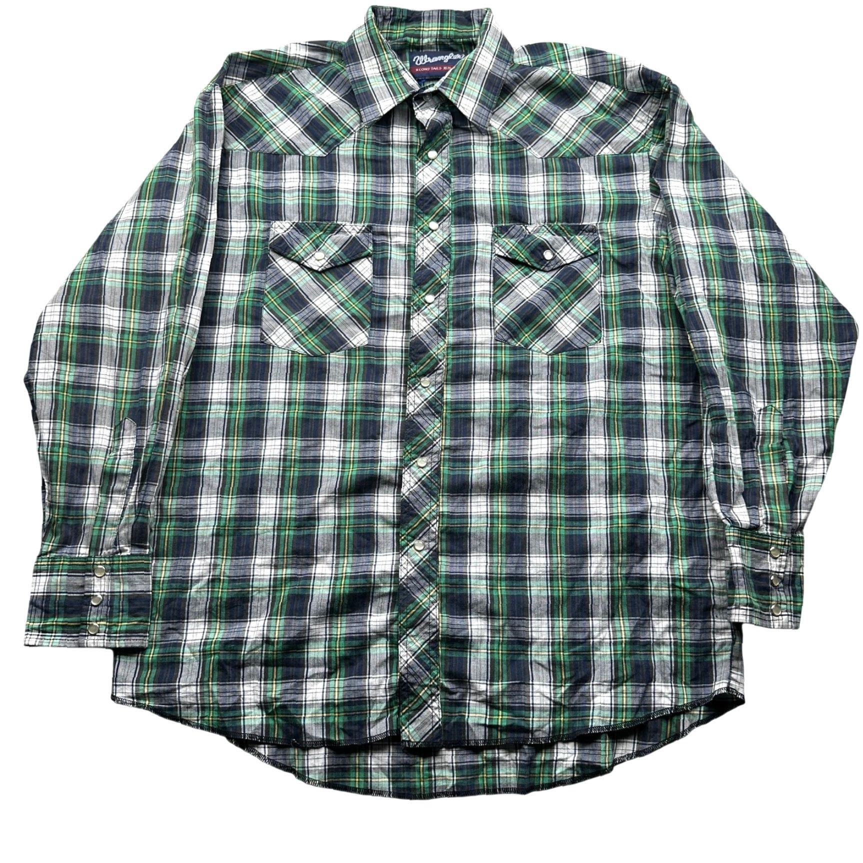 Wrangler Wrangler Shirt Plaid Green Pearl Snap X-Long Tail 16.5 34 Large Mens Green Pockets VINTAGE? Size US S / EU 44-46 / 1 - 2 Thumbnail