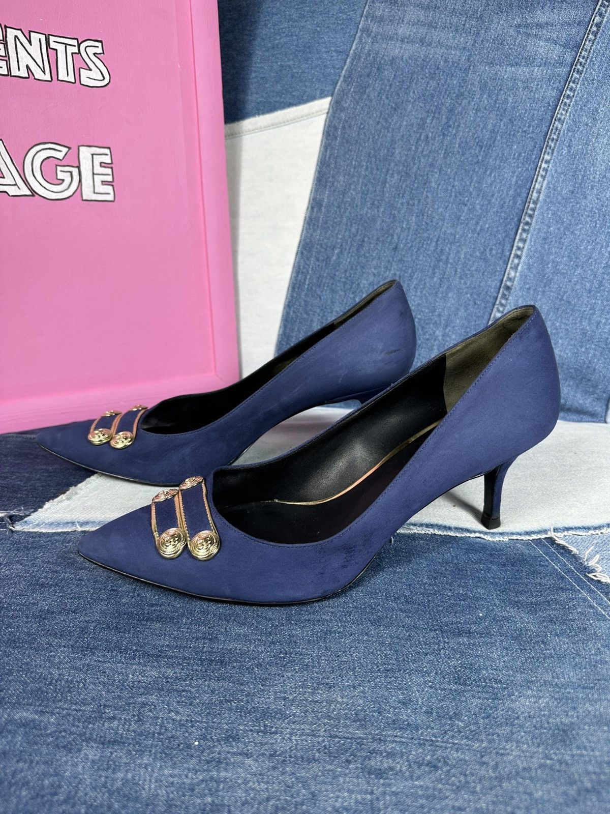 Pierre Balmain Pierre Balmain Heels Suede Blue Shoes Gold Hardware Pins Size US 11 / IT 41 - 5 Thumbnail