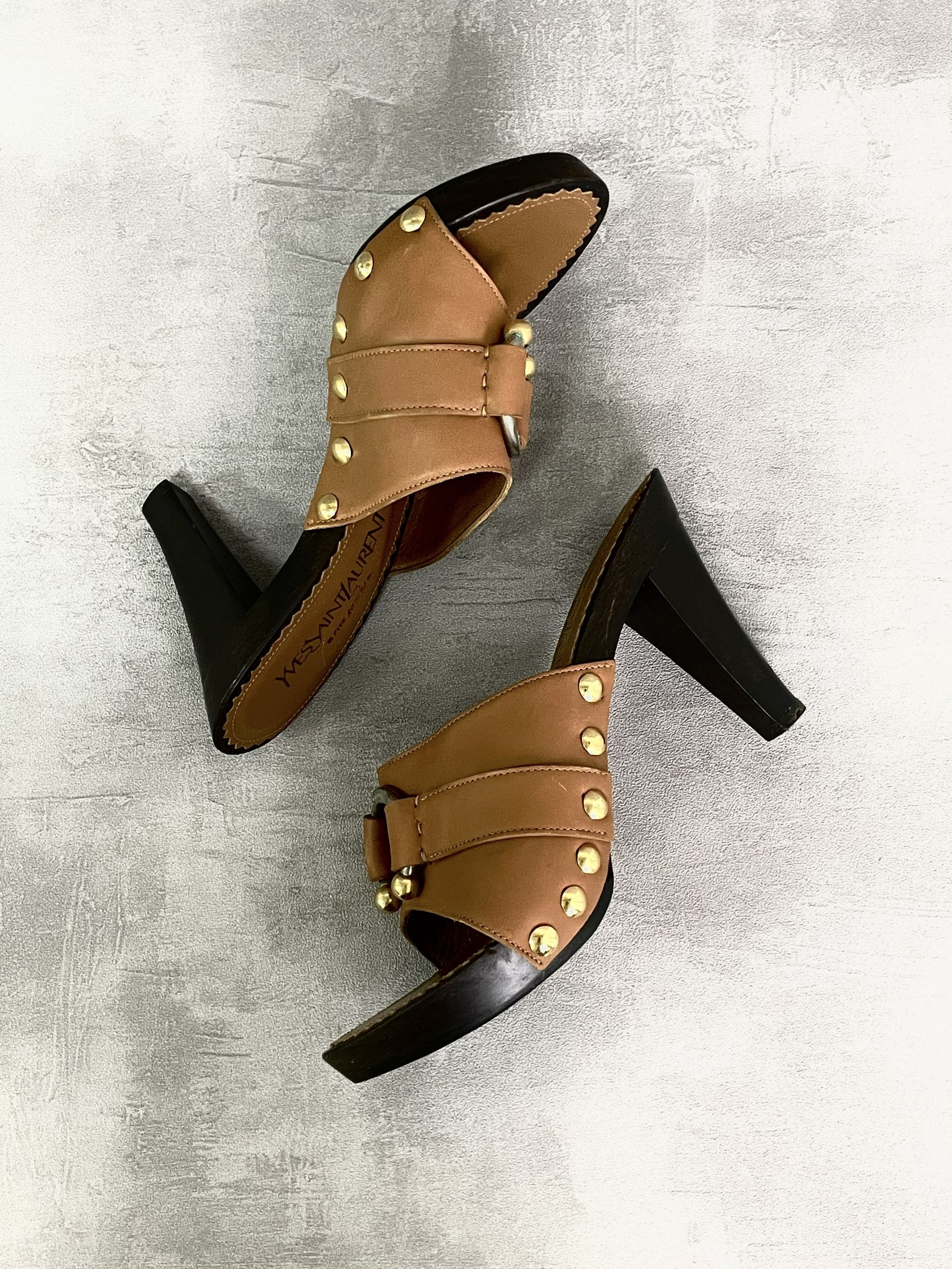 Yves Saint Laurent Yves Saint Laurent Beige High Heel Clogs With Golden Buckle Size US 6 / IT 36 - 3 Thumbnail