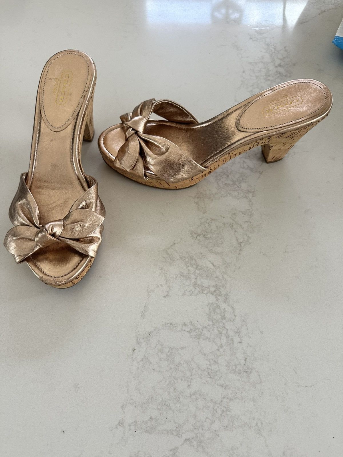 Coach Karen Rose Gold Leather Platform Sandals Cork Heel Shoes, Women's (Size 7.5)