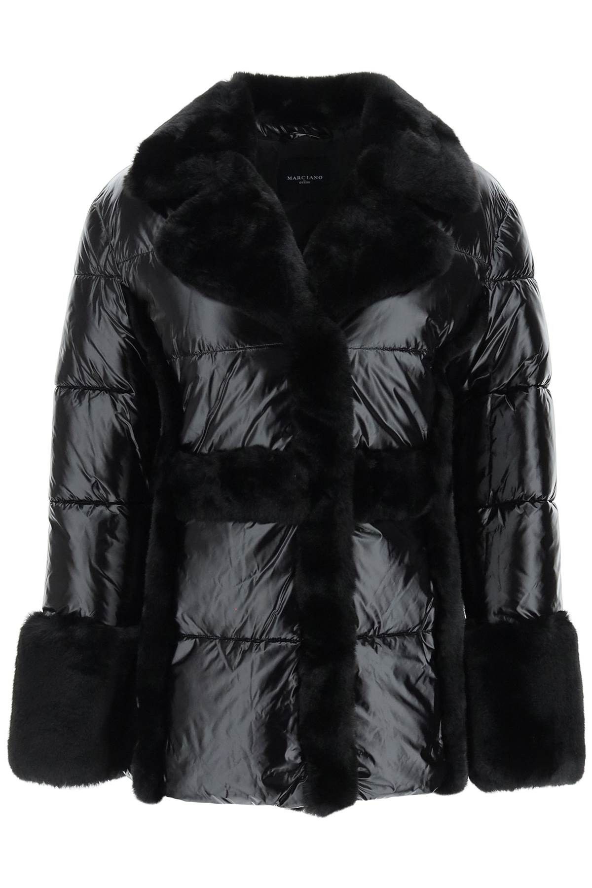 image of Guess Puffer Jacket With Faux Fur Details in Nero, Women's (Size XS)