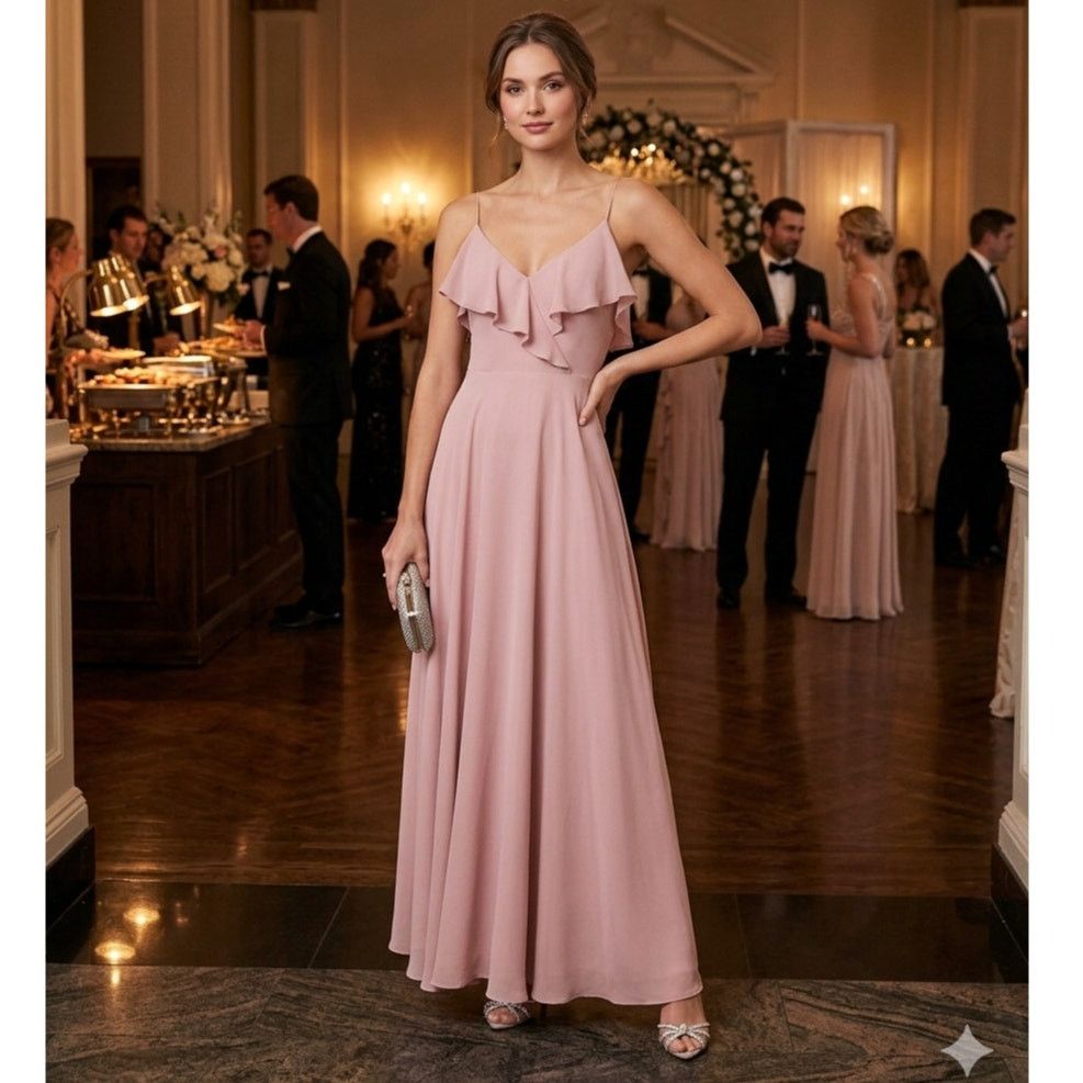Other Jenny Yoo Collection Pink Ruffle V-Neck Maxi Dress Size M / US 6-8 / IT 42-44 - 8 Thumbnail