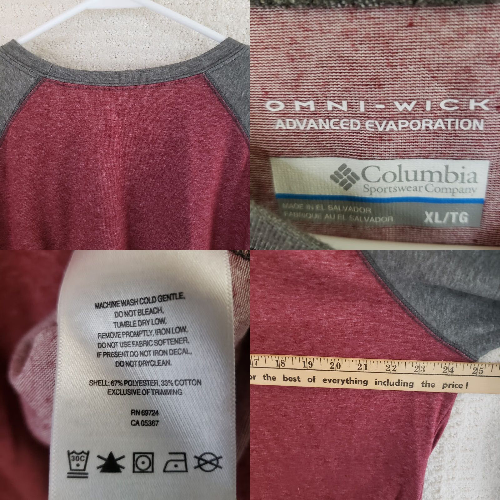 Vintage Columbia Men’s Omni-Wick Baseball Tee Long Sleeve Shirt Heather Red Gray XL Size US XL / EU 56 / 4 - 8 Thumbnail