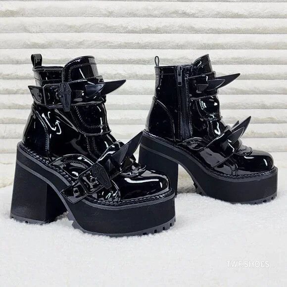 Demonia Cult DEMONIA Assault Black Patent Claw Spiked Platform Ankle Boot Size US 6 / IT 36 - 4 Thumbnail