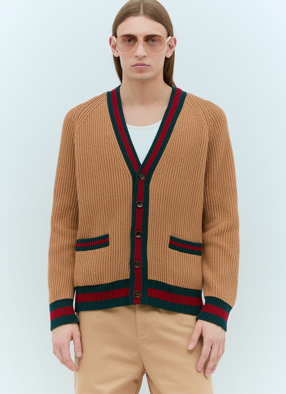 image of Gucci Wool Knit Web Cardigan in Beige, Men's (Size XL)