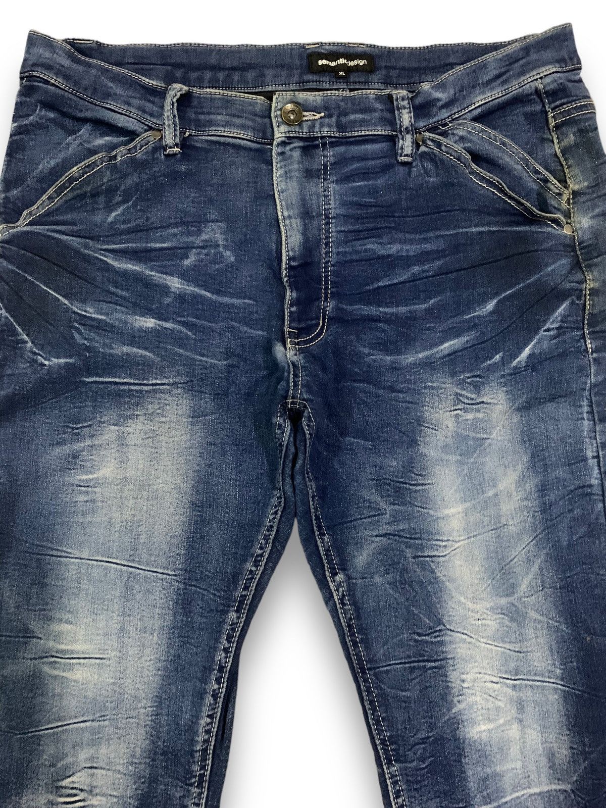 semanticdesign Semantic Design Blue Washed Stretch Slim Taper Punk Jeans Size US 33 - 3 Thumbnail
